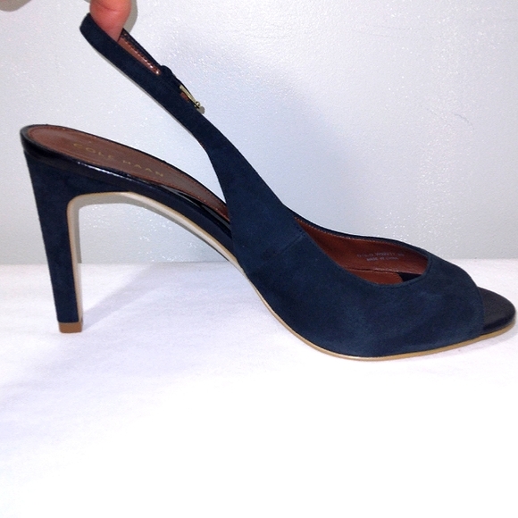 NWT COLE HAAN 'Maya' Suede Peeptoe Slingback Stilettos in Midnight Blue Size 9B - Picture 10 of 11